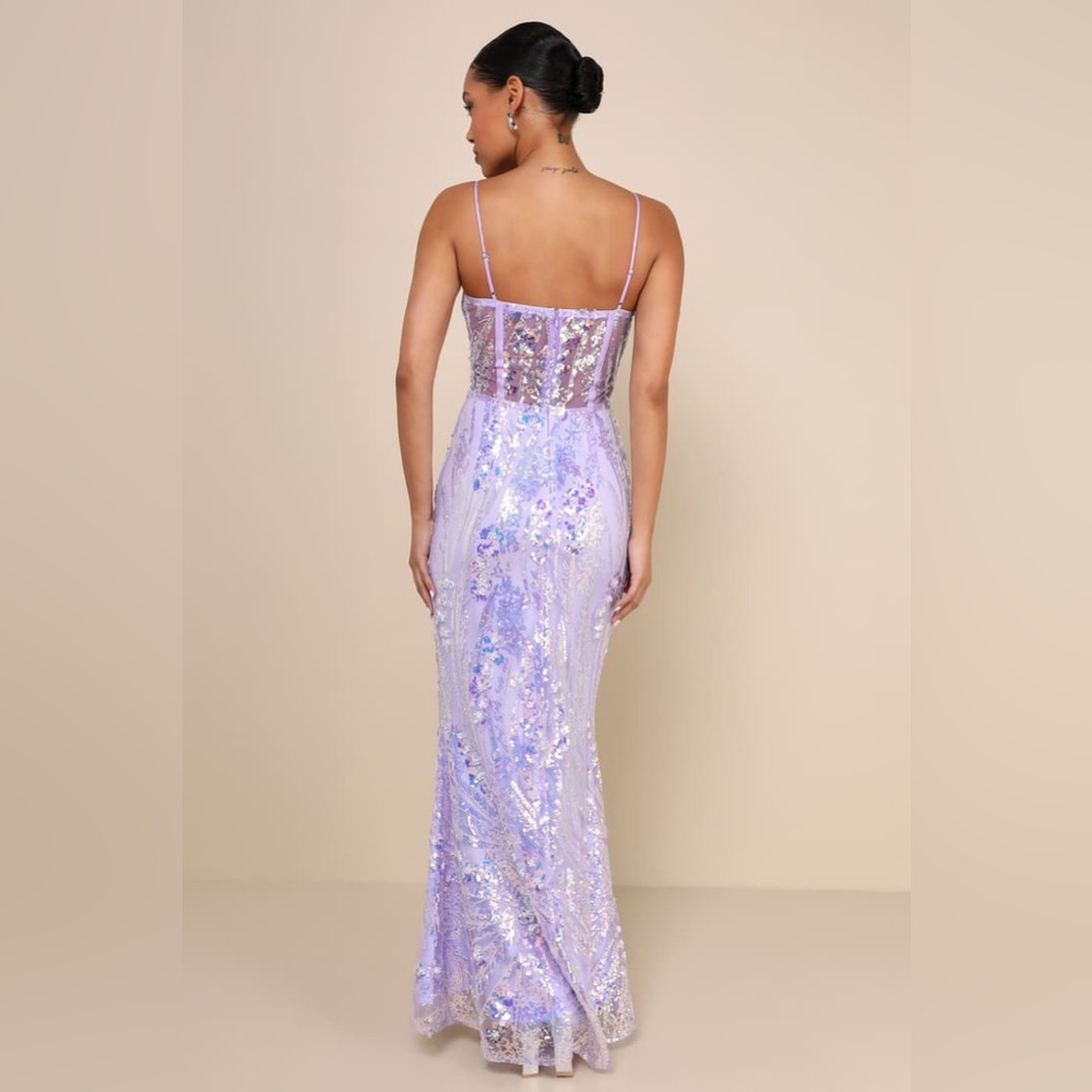 Lulu’s NWOT Perfection Seeker Lavender Iridescent Sequin Bustier Prom Maxi Dress - Picture 6 of 15